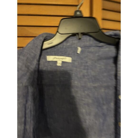 Foxcroft NYC Women’s Linen Button Down Shirt Blue Split Neck Side Slit Blouse Me - Picture 2 of 7